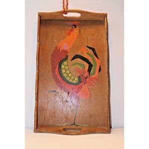 Awesome Vintage Atomic MCM Rooster Wood Serving Tray Handles Distress